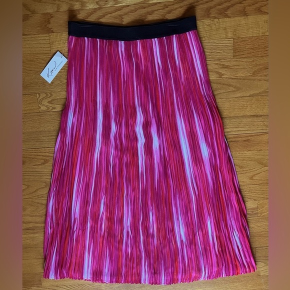 Kim Rogers Skirt Stripe Pattern Micro-Pleated Midi Fuchsia Pink White Orange - Picture 3 of 10